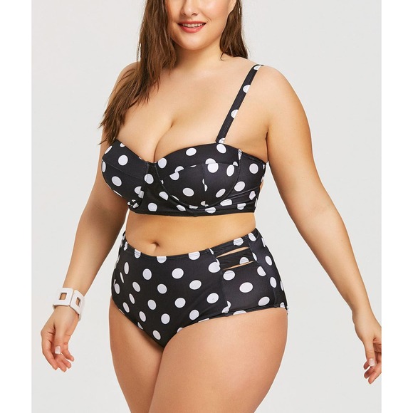 Retro Polka Dot High-rise Bikini Top Bottom Padded Swimsuit Plus Size Swimwear - Picture 1 of 7